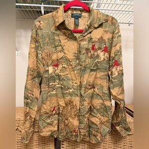 Lauren Ralph Lauren Womens Shirt Fox Hunt Equestrian Long Sleeve Button Large